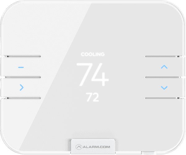 Alarm.com smart thermostat showing temperature controls and energy schedule